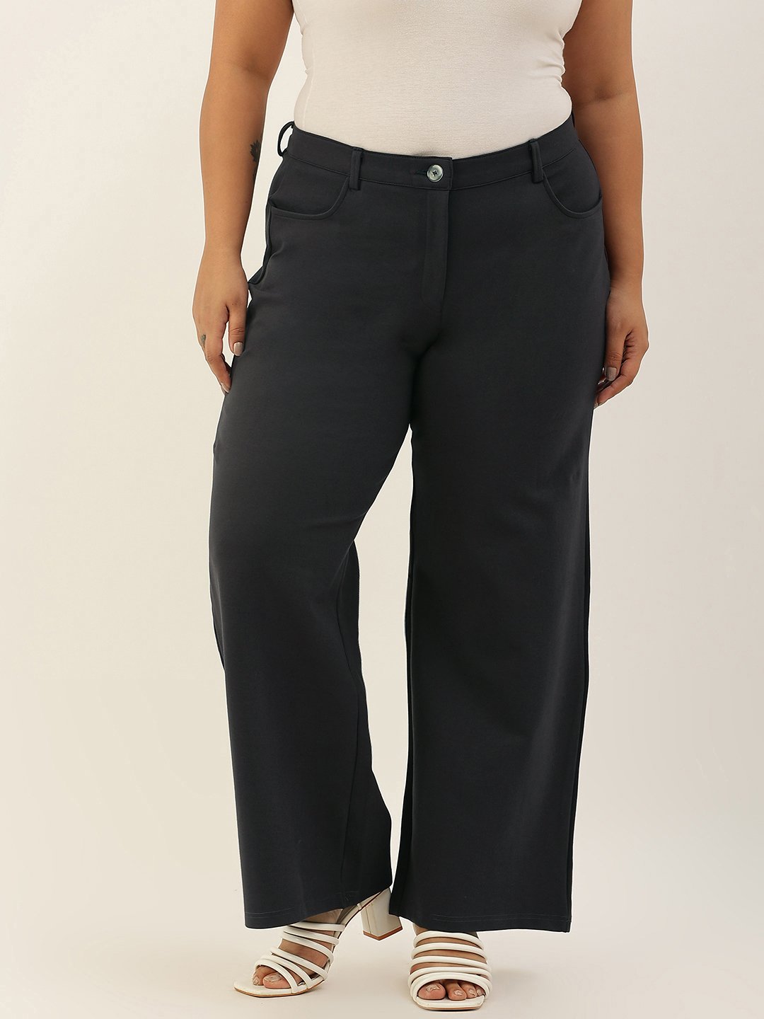 Women's Plus Size Dark Grey Solid Color Cotton Knitted Trouser