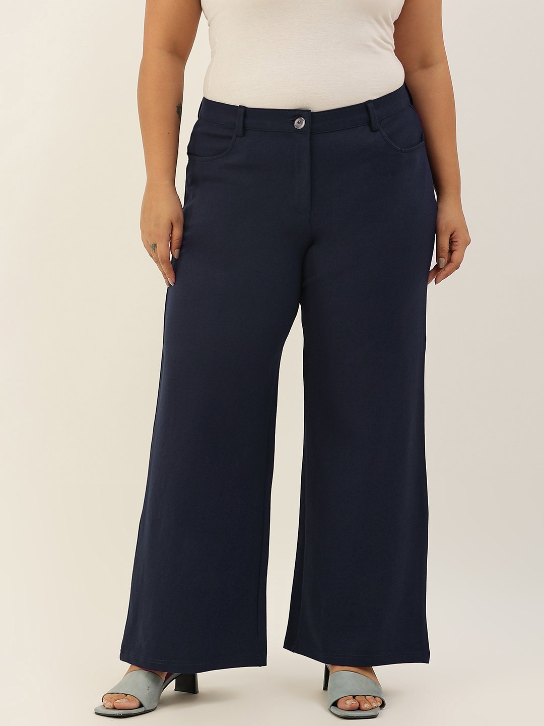 Women's Plus Size Navy Blue Solid Color Cotton Knitted Trouser