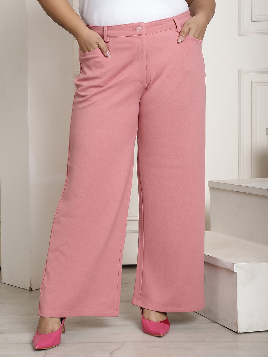 Women's Plus Size Pink Solid Color Flared Trouser