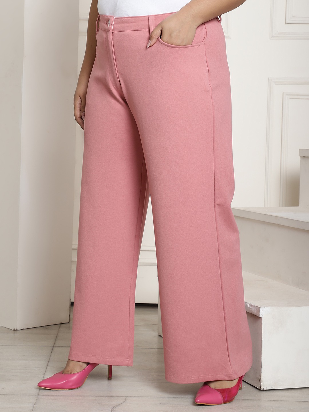 Women's Plus Size Pink Solid Color Flared Trouser