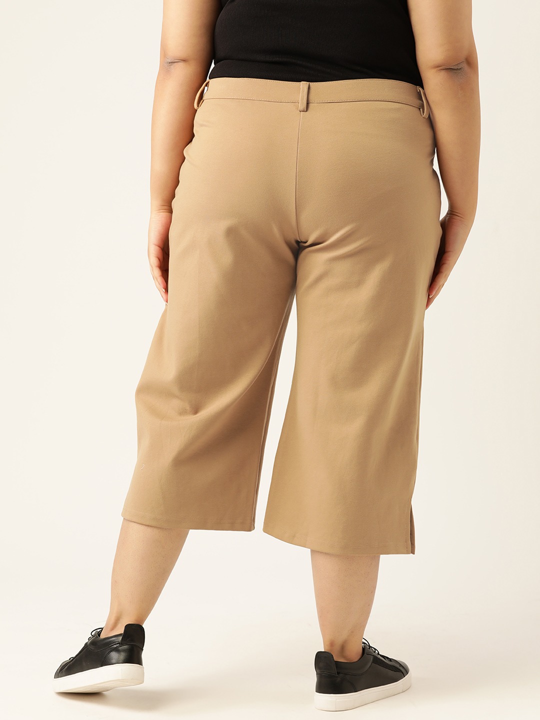 Women's Plus Size Beige Solid Color Elasticated Flared Capri