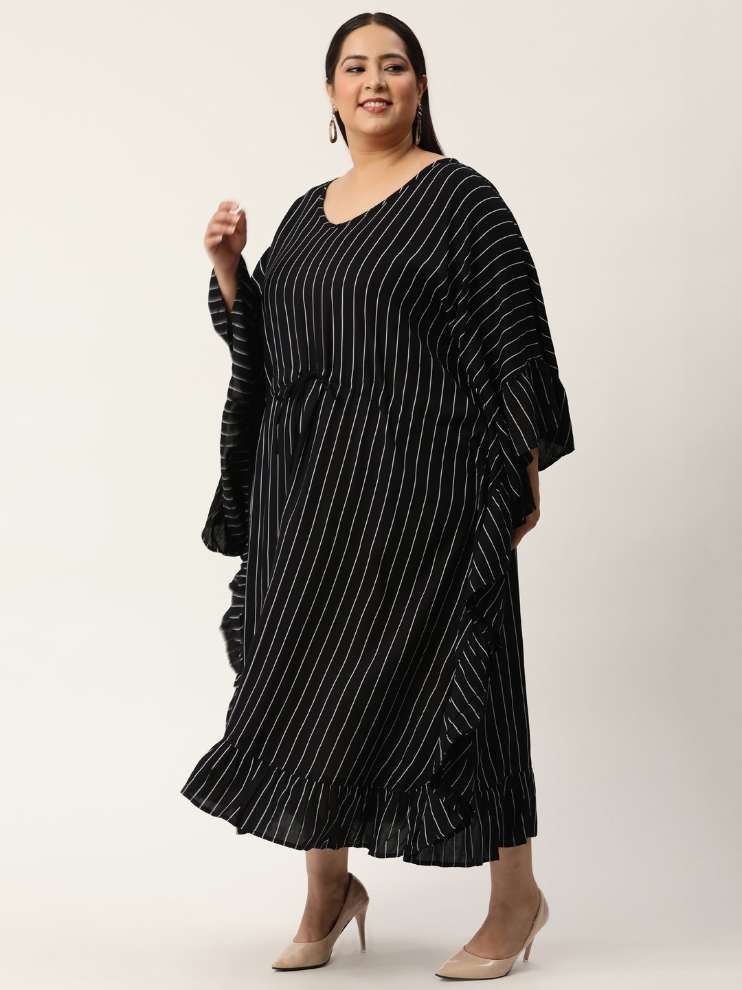 Women's Plus Size Black & White Striped Printed Kaftan Midi Dress
