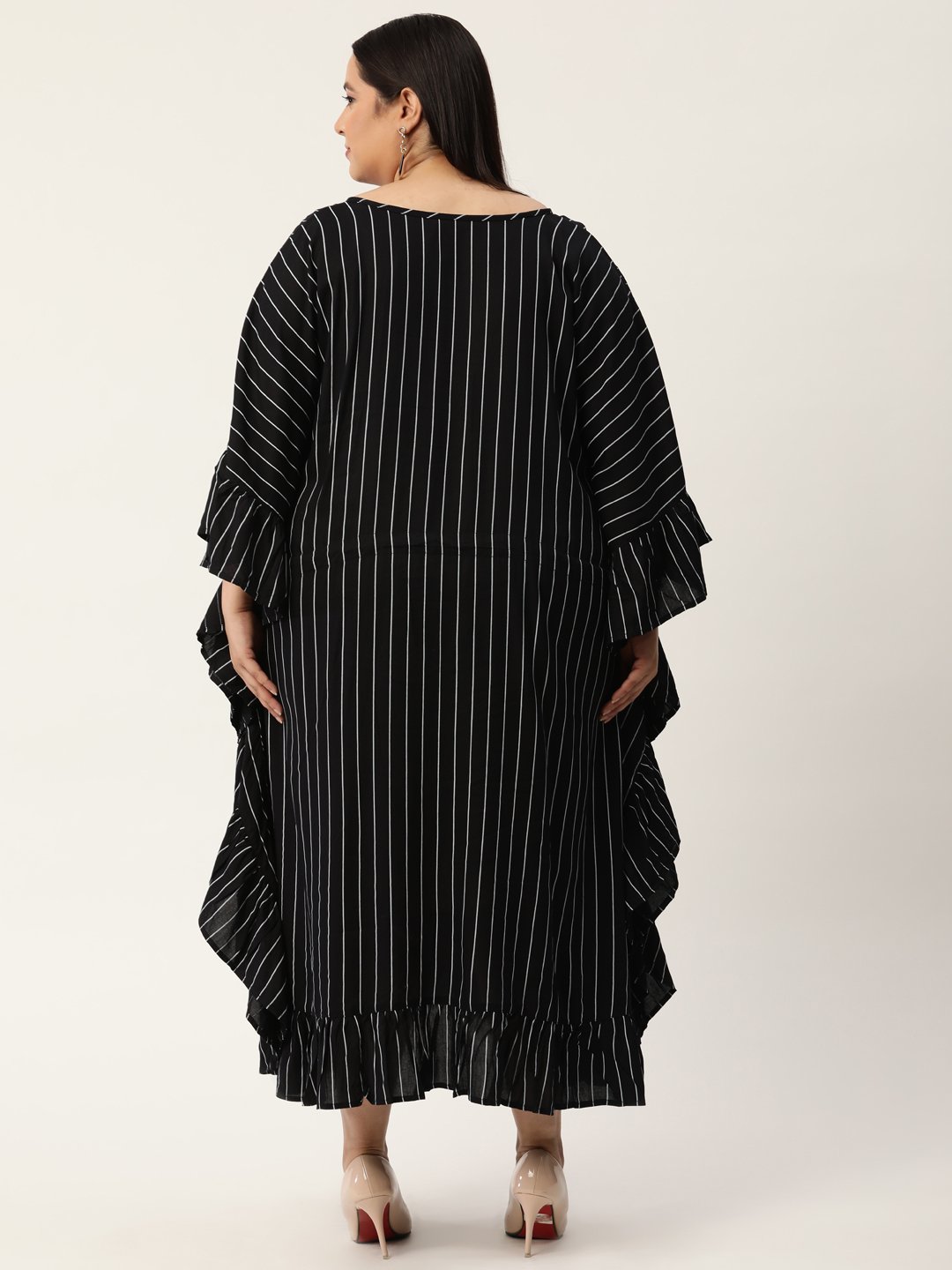 Women's Plus Size Black & White Striped Printed Kaftan Midi Dress