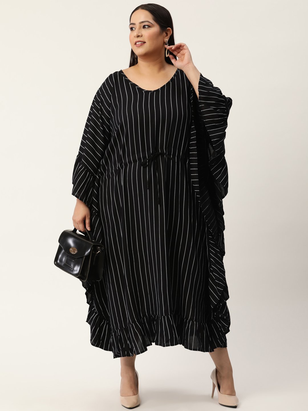 Women's Plus Size Black & White Striped Printed Kaftan Midi Dress