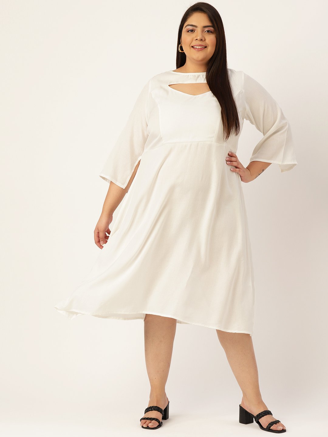 Women's Plus Size White Solid Color A-Line Midi Dress