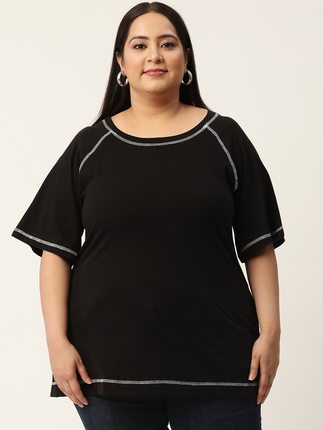 Women's Plus Size Black Solid Color Cotton Knitted T-shirt
