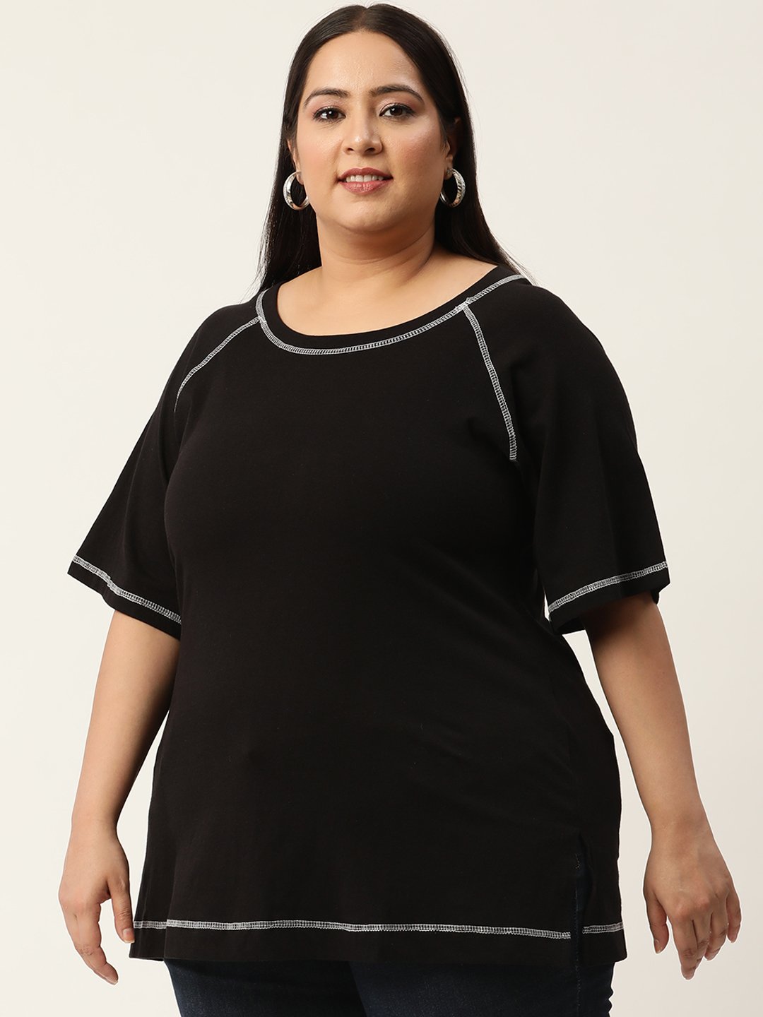 Women's Plus Size Black Solid Color Cotton Knitted T-shirt