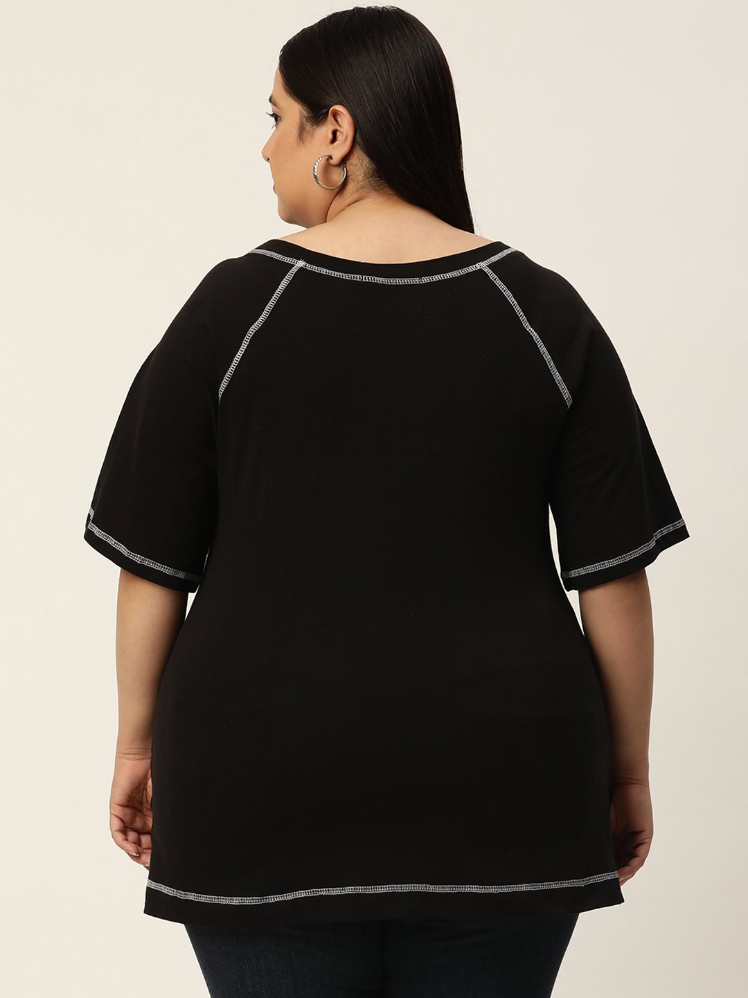 Women's Plus Size Black Solid Color Cotton Knitted T-shirt