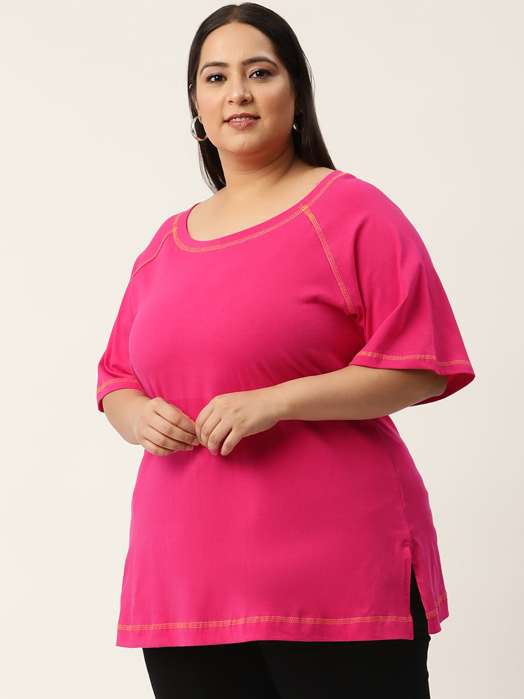 Women's Plus Size Fuchsia Solid Color Cotton Knitted T-shirt