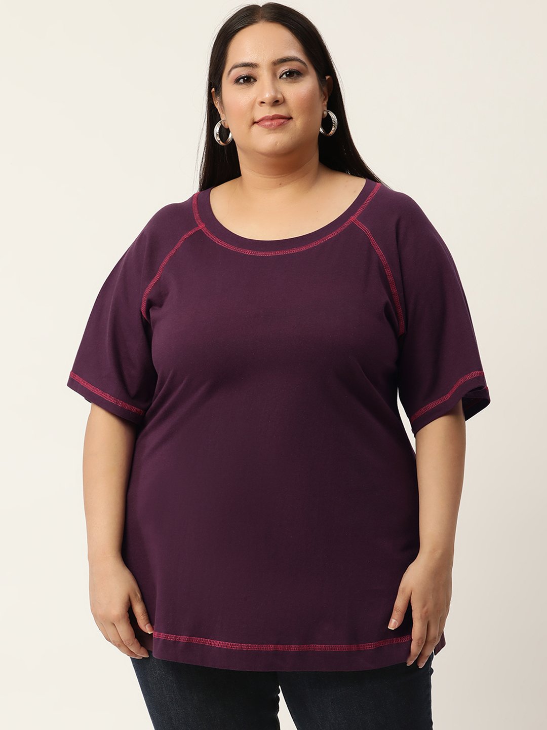 Women's Plus Size Purple Solid Color Cotton Knitted T-shirt