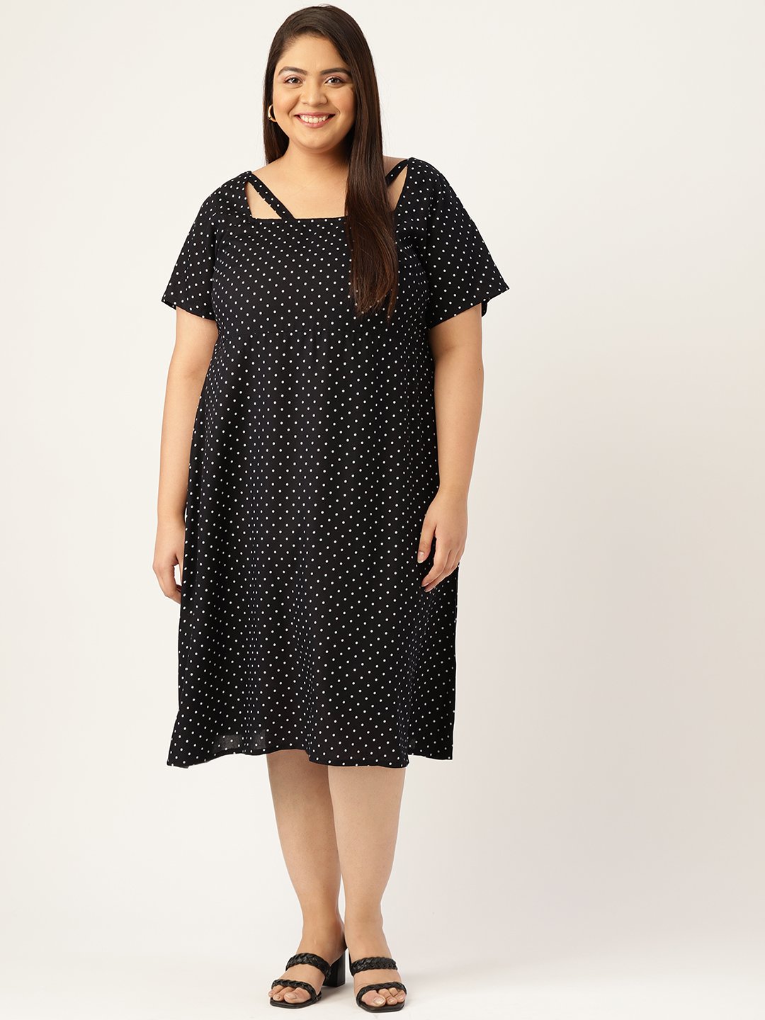 Women's Plus Size Black & White Polka Dot Printed Neck Stripe A-Line Midi Dress