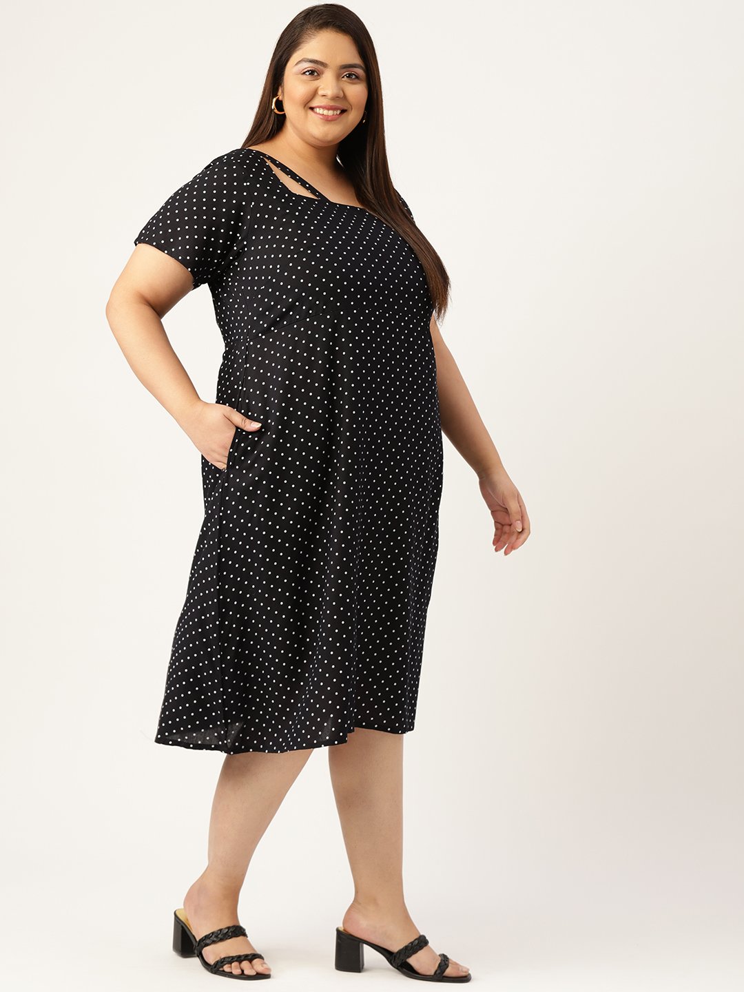 Women's Plus Size Black & White Polka Dot Printed Neck Stripe A-Line Midi Dress