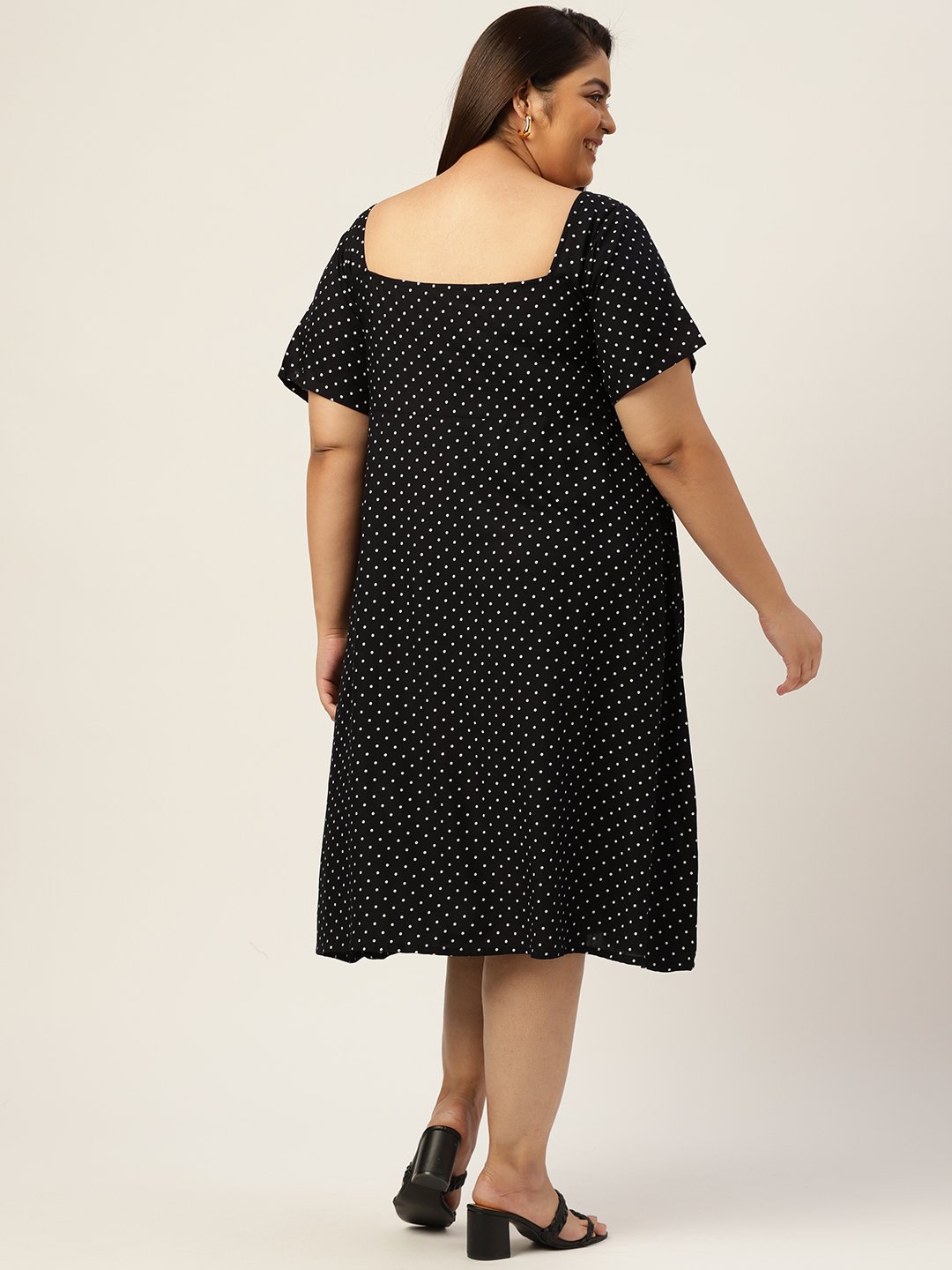 Women's Plus Size Black & White Polka Dot Printed Neck Stripe A-Line Midi Dress