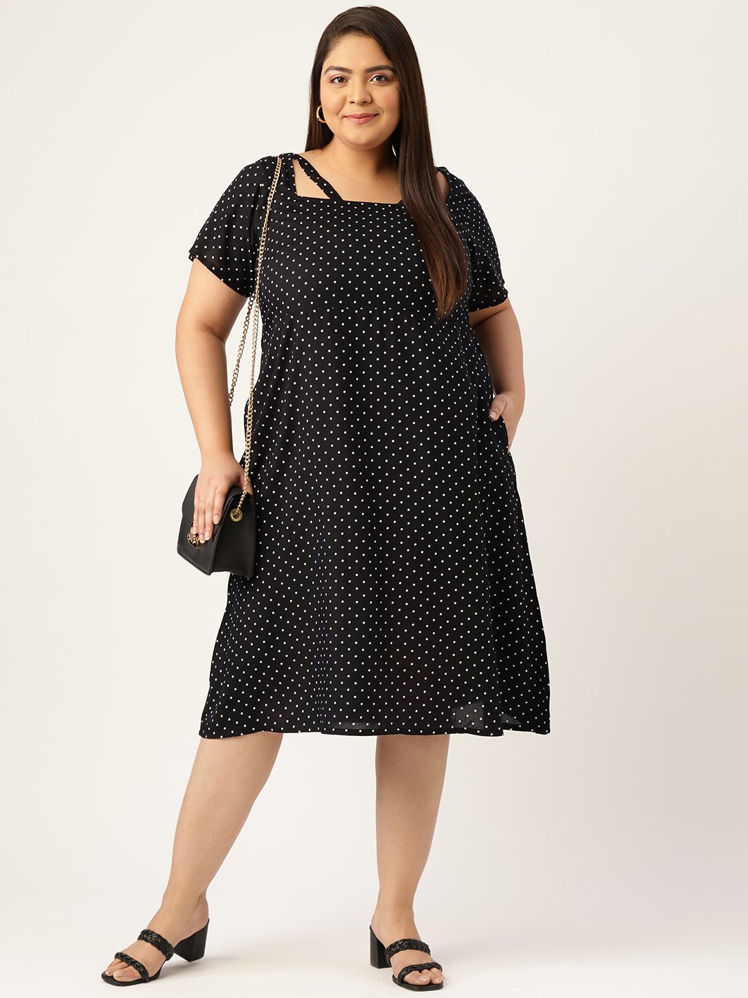 Women's Plus Size Black & White Polka Dot Printed Neck Stripe A-Line Midi Dress