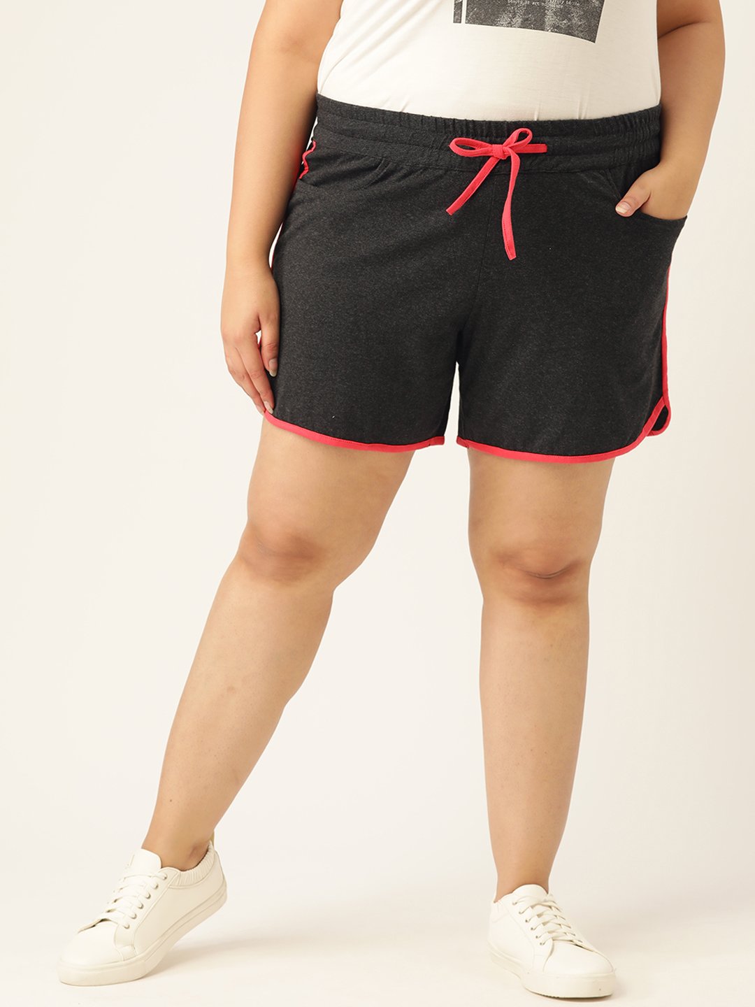 Women's Plus Size Charcoal Grey Solid Color Cotton Shorts with Contrast Color Piping