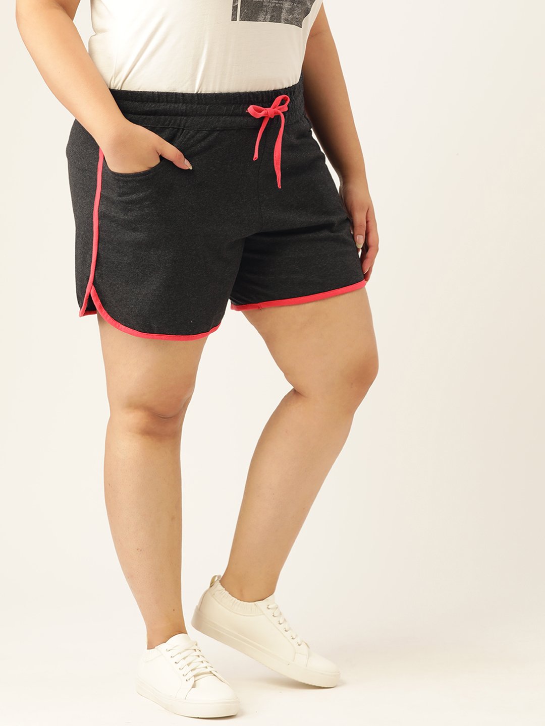 Women's Plus Size Charcoal Grey Solid Color Cotton Shorts with Contrast Color Piping