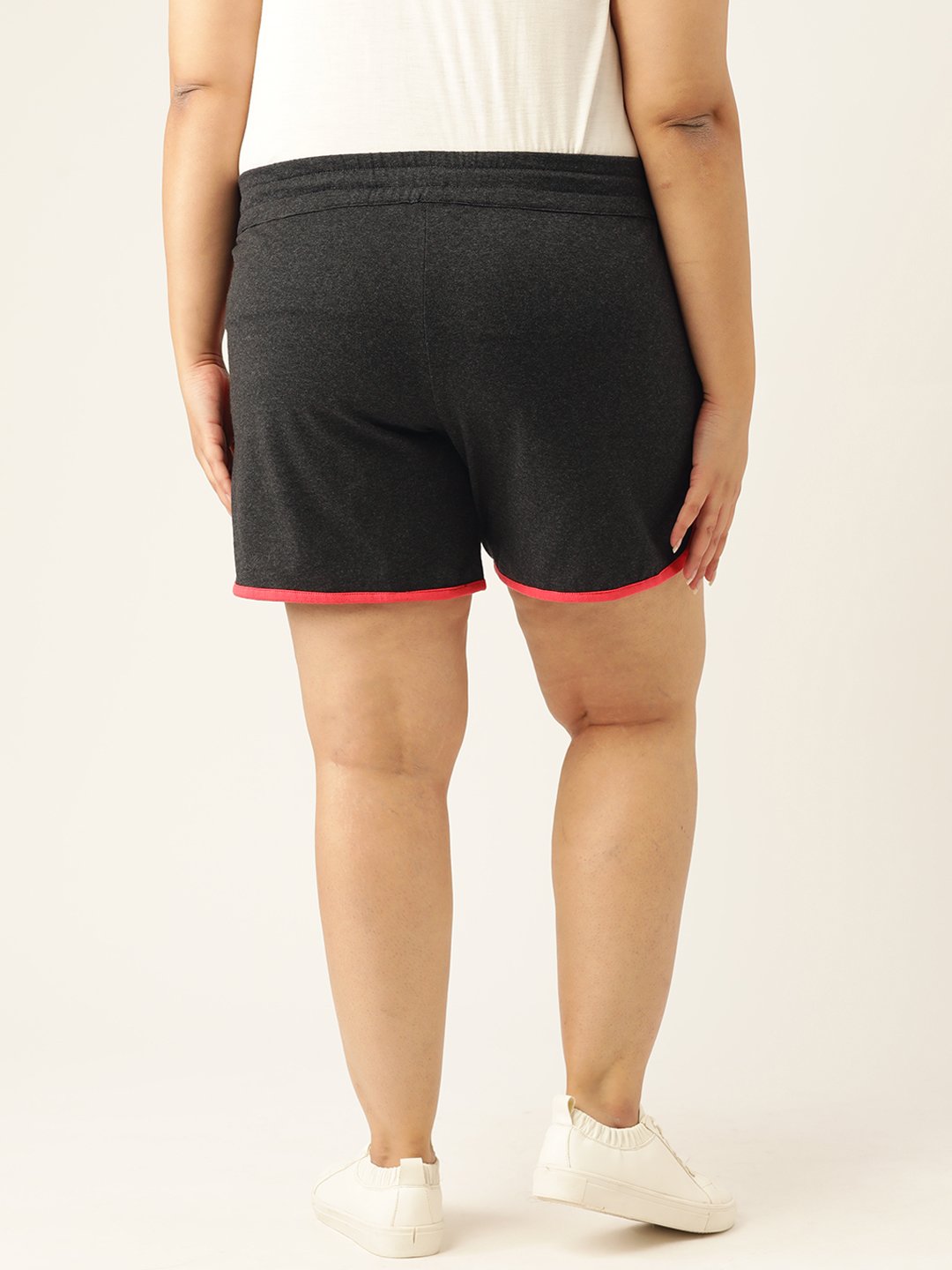Women's Plus Size Charcoal Grey Solid Color Cotton Shorts with Contrast Color Piping
