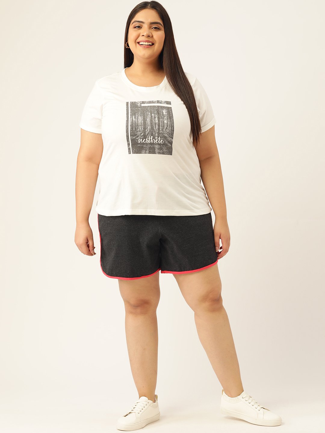 Women's Plus Size Charcoal Grey Solid Color Cotton Shorts with Contrast Color Piping