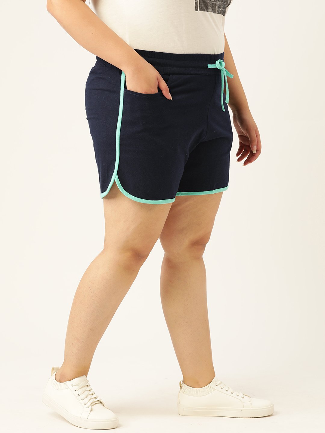 Women's Plus Size Navy Blue Solid Color Cotton Shorts with Contrast Color Piping
