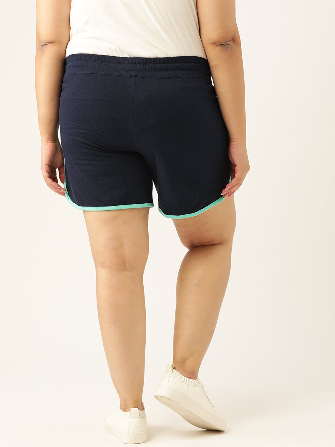 Women's Plus Size Navy Blue Solid Color Cotton Shorts with Contrast Color Piping