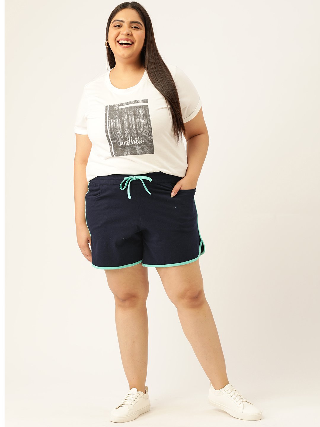 Women's Plus Size Navy Blue Solid Color Cotton Shorts with Contrast Color Piping
