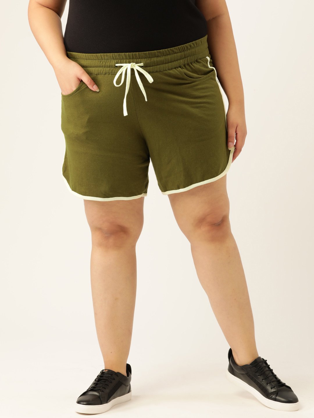 Women's Plus Size Olive Solid Color Cotton Shorts with Contrast Color Piping