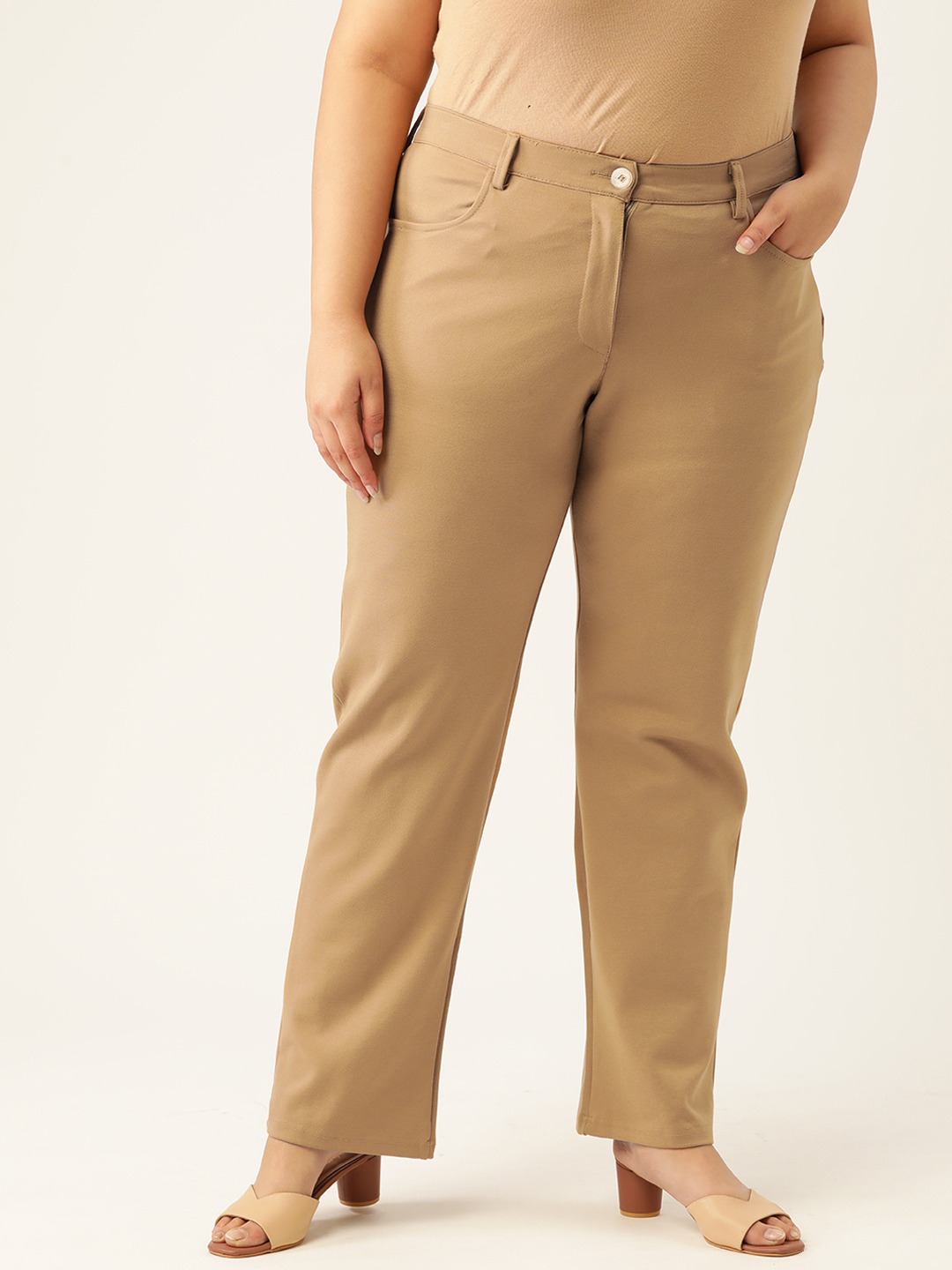 Women's Plus Size Beige Color Straight Fit Trouser