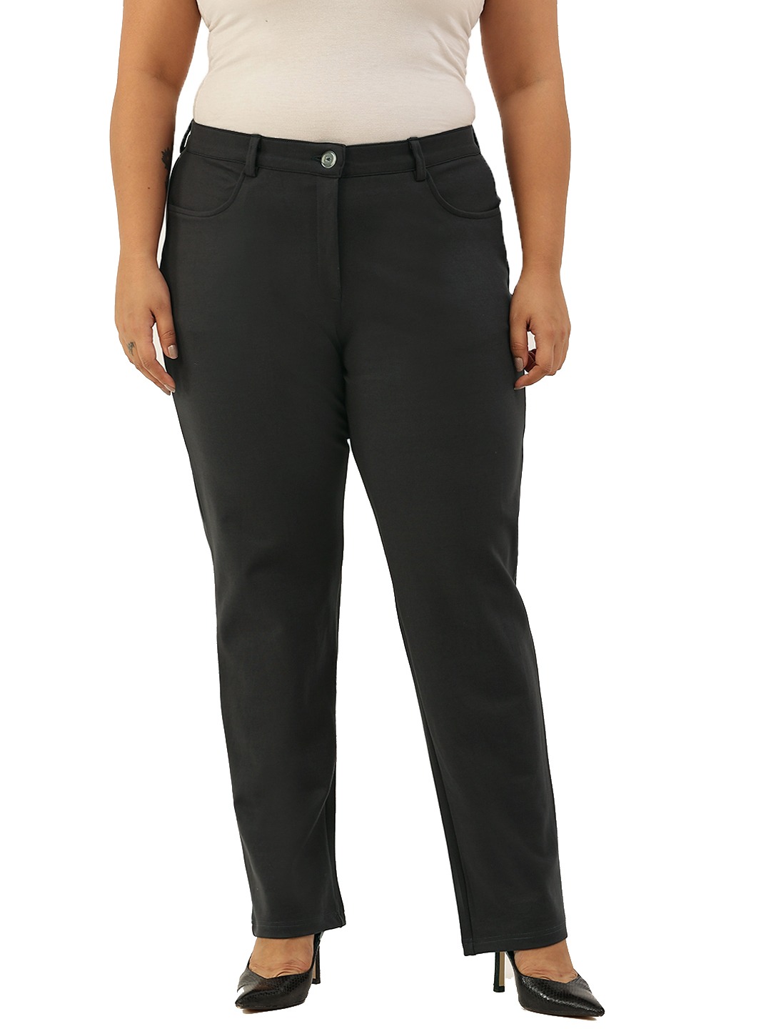 Women's Plus Size Dark Grey Color Straight Fit Trouser
