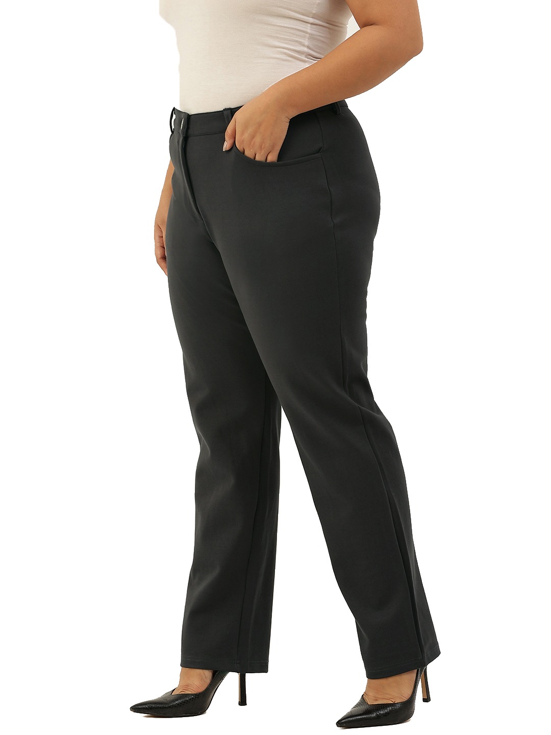 Women's Plus Size Dark Grey Color Straight Fit Trouser