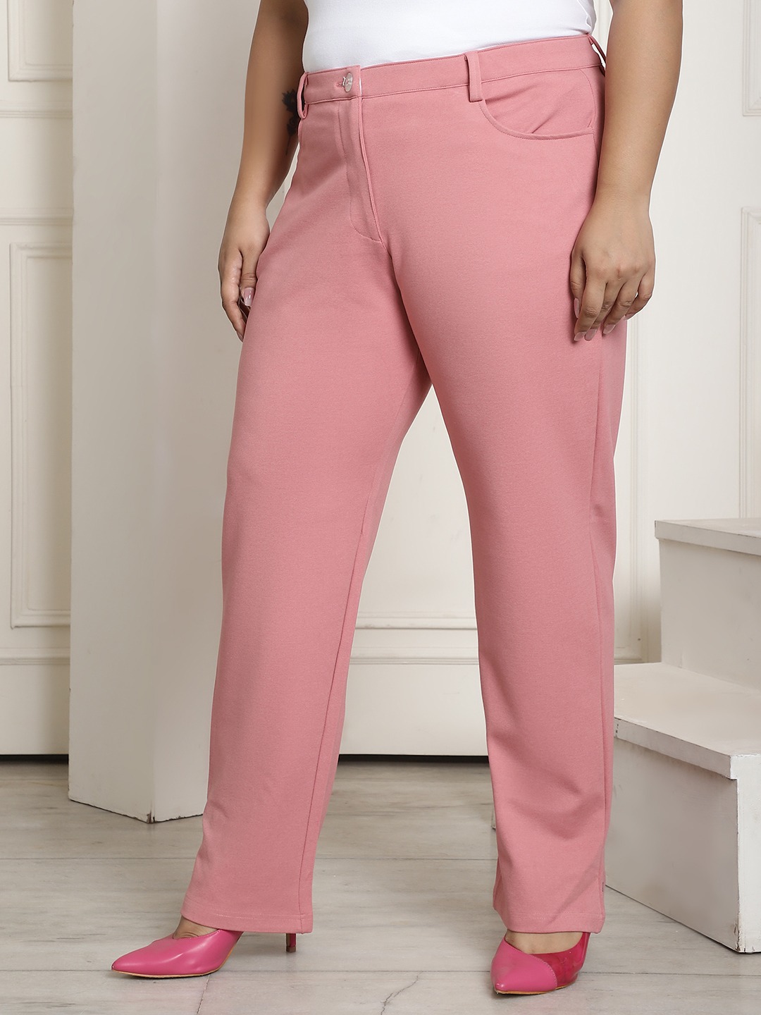 Women's Plus Size Pink Color Straight Fit Trouser