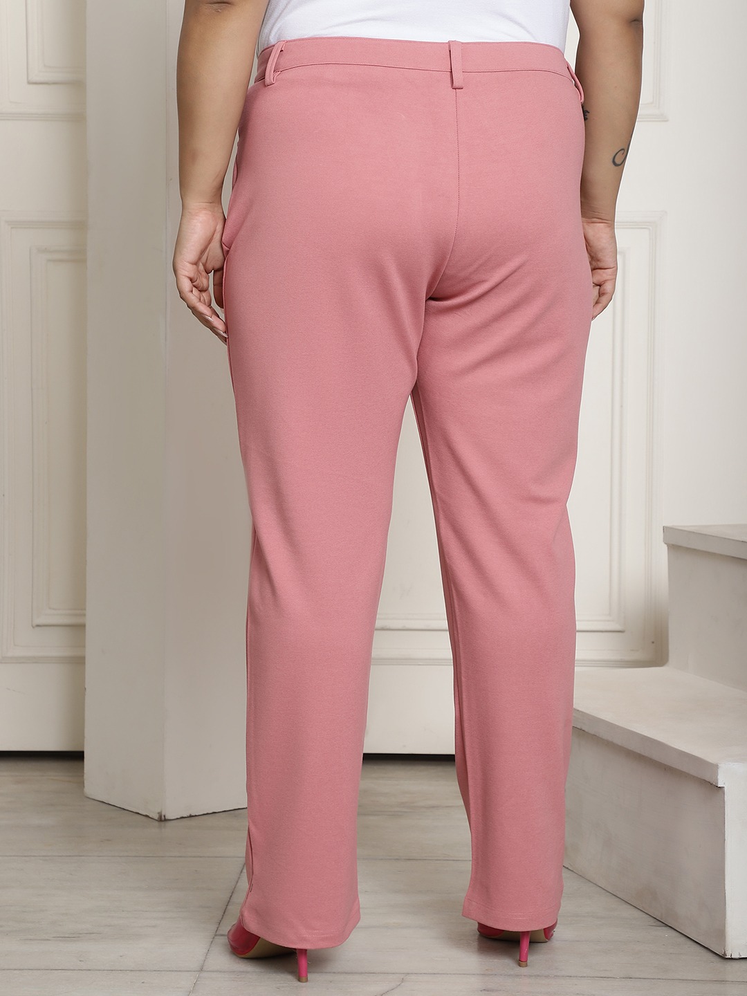 Women's Plus Size Pink Color Straight Fit Trouser