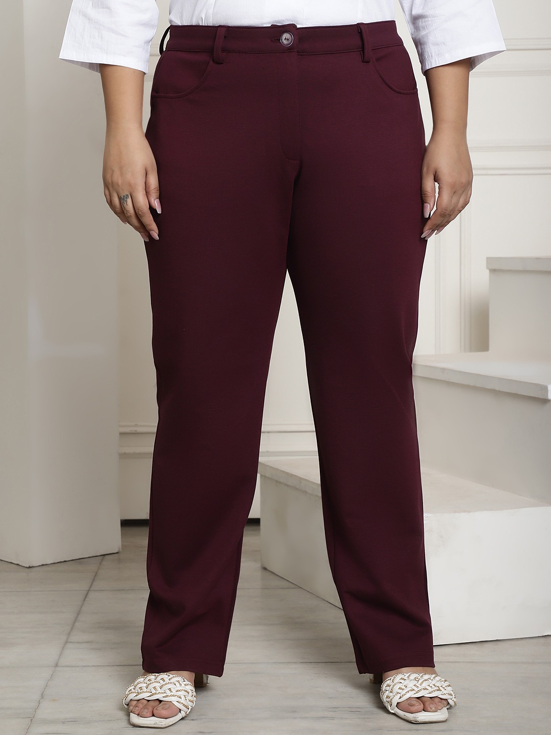 Women's Plus Size Plum Color Straight Fit Trouser
