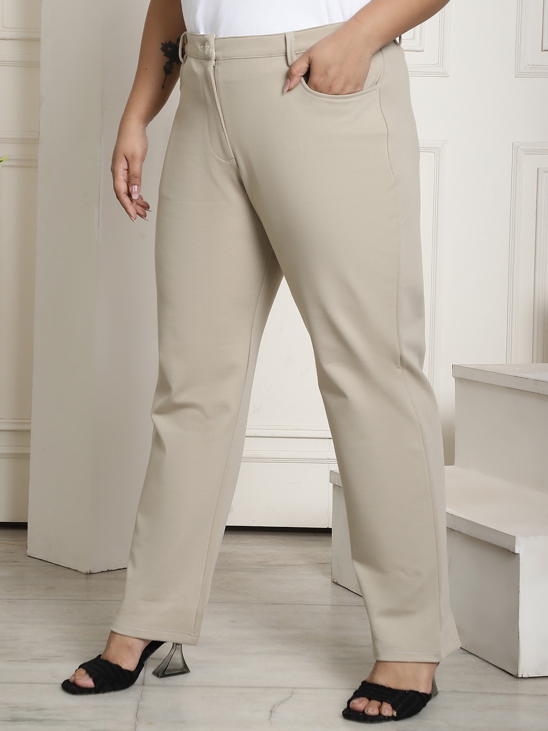 Women's Plus Size Stone Color Straight Fit Trouser