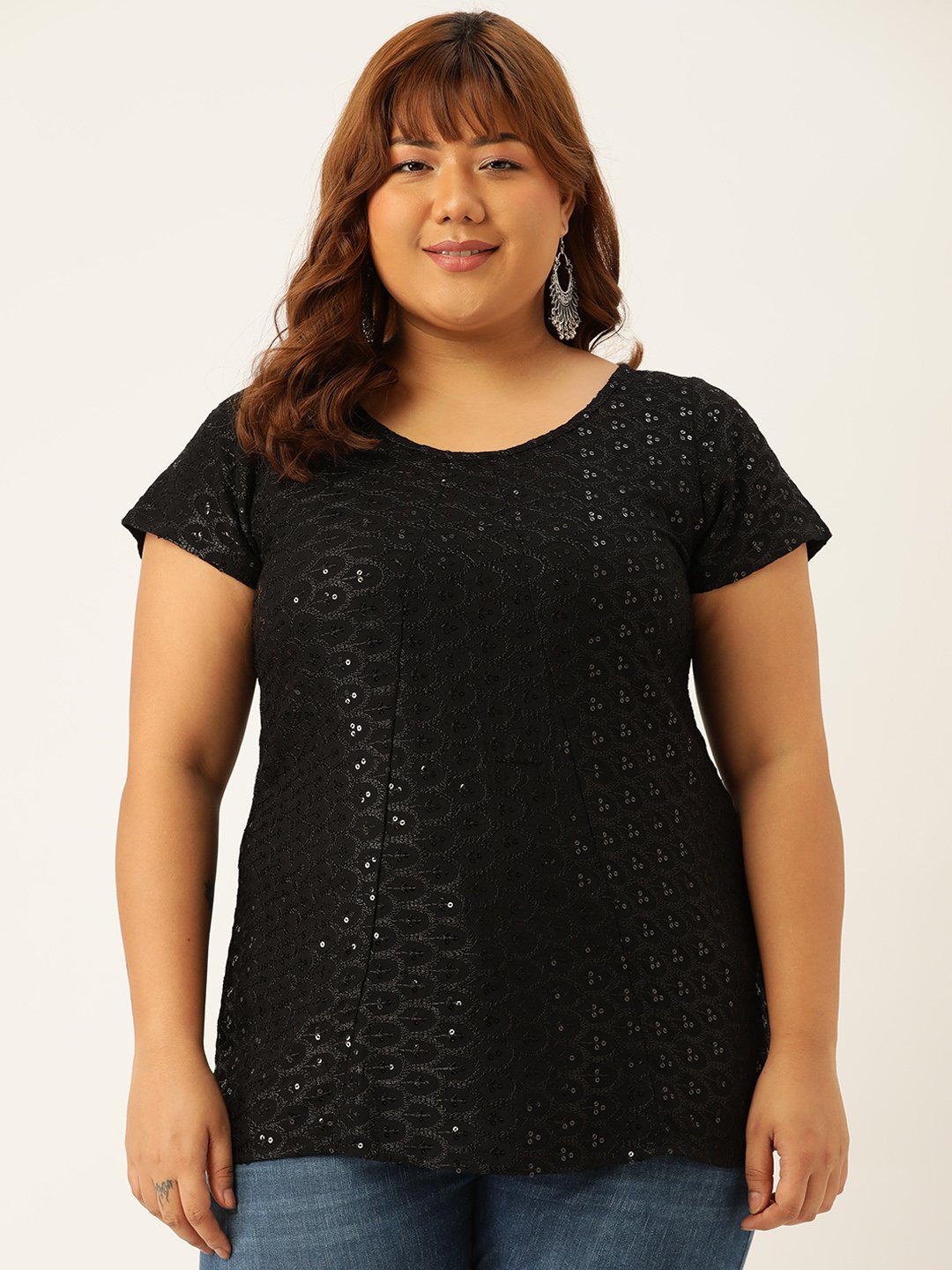 Women's Plus Size Black Solid Color Embroidered Top