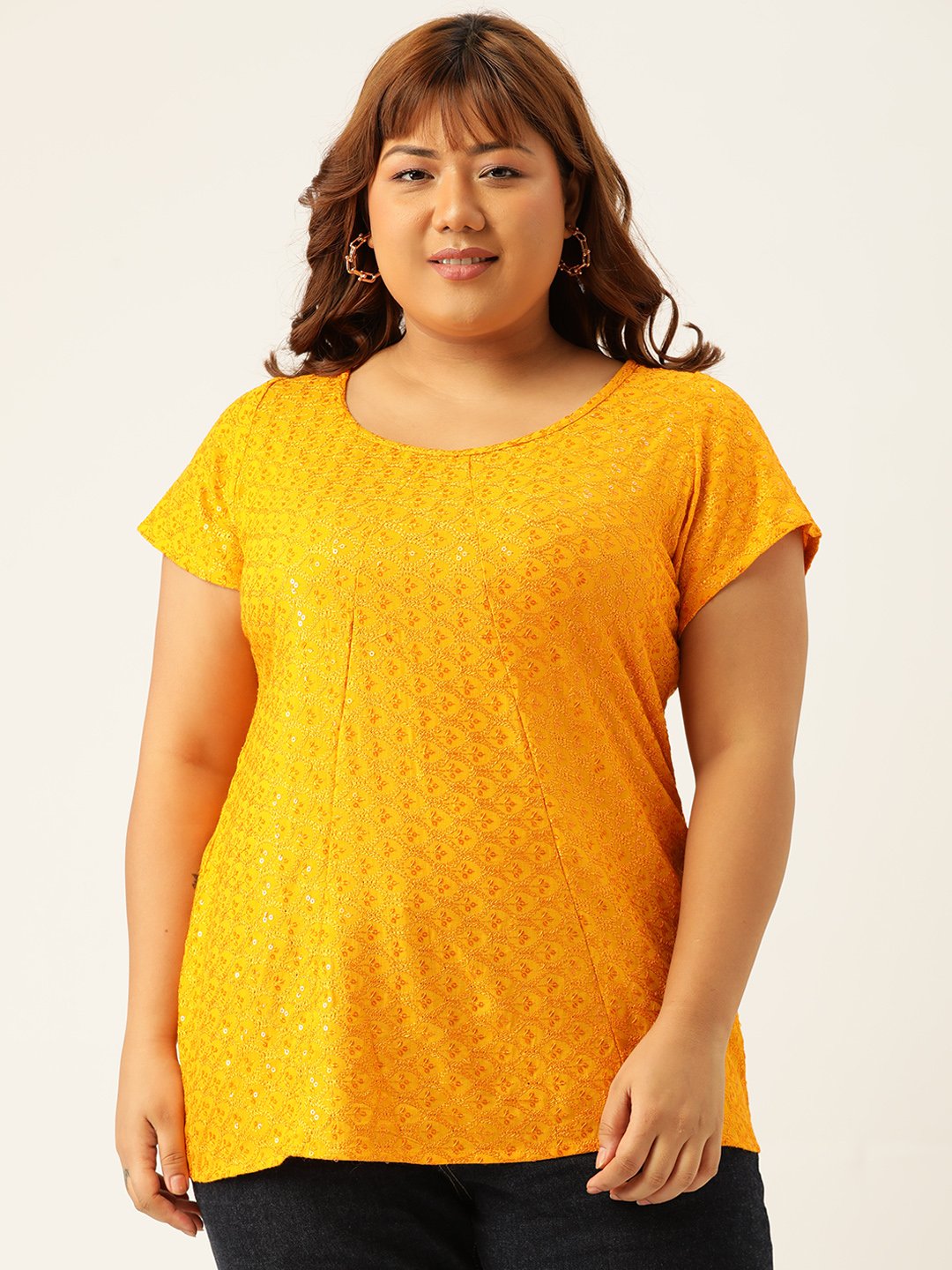 Women's Plus Size Mustard Solid Color Embroidered Top