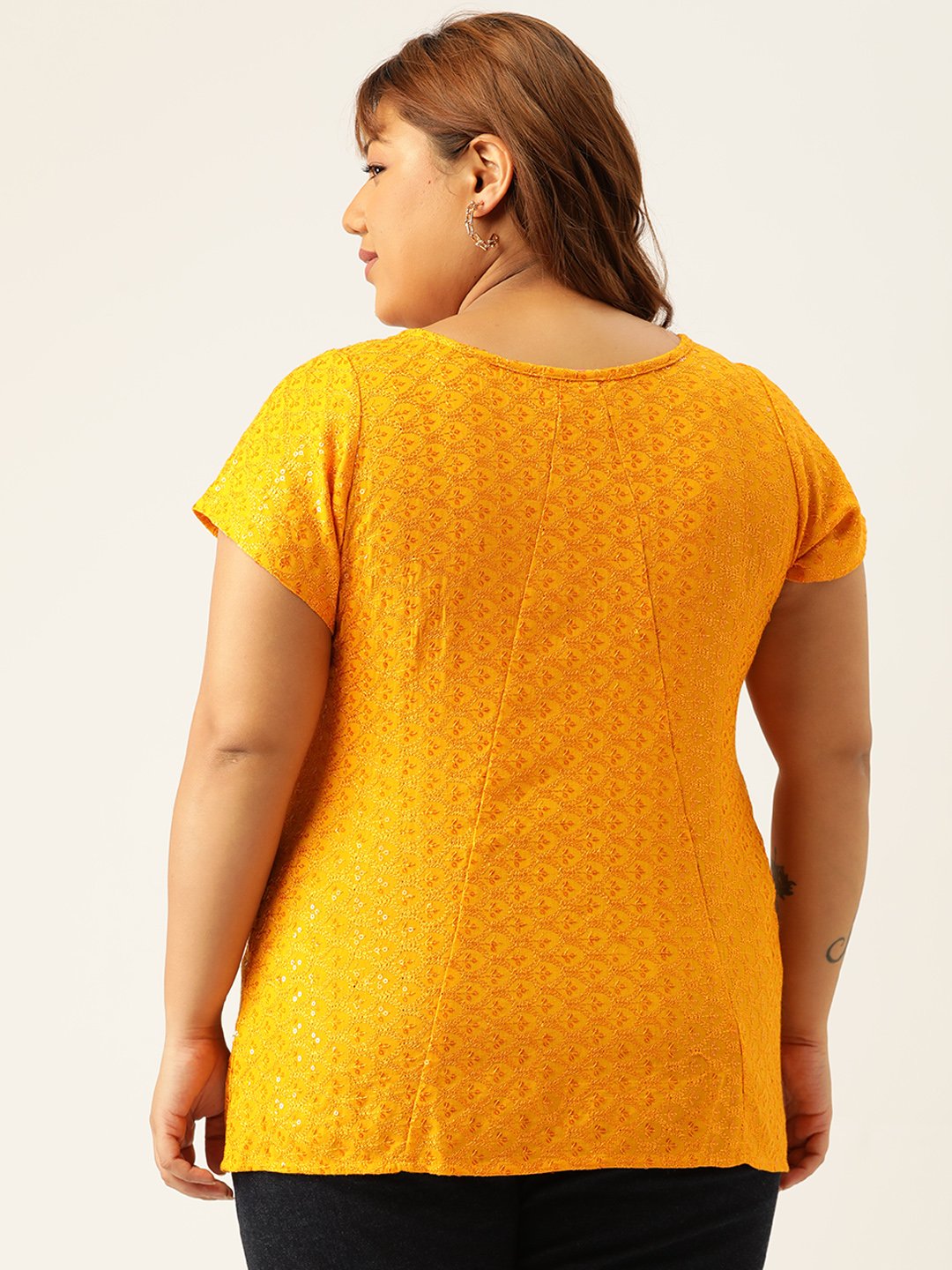 Women's Plus Size Mustard Solid Color Embroidered Top