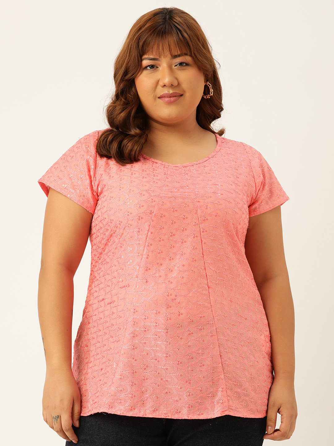 Women's Plus Size Pink Solid Color Embroidered Top