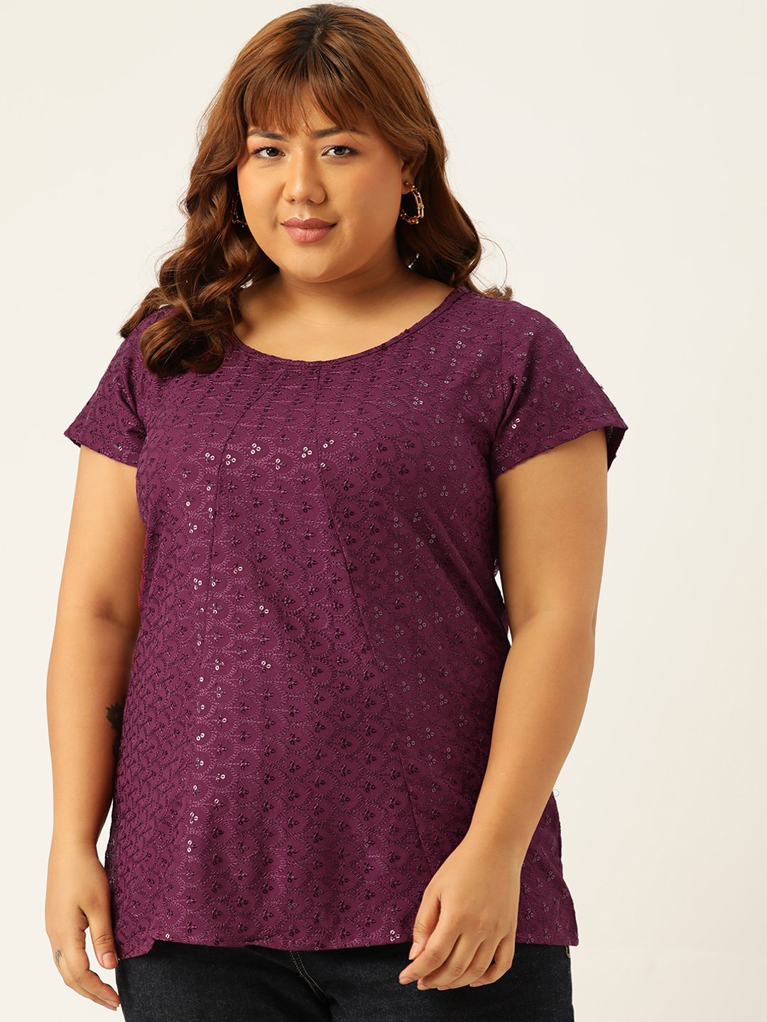 Women's Plus Size Purple Solid Color Embroidered Top