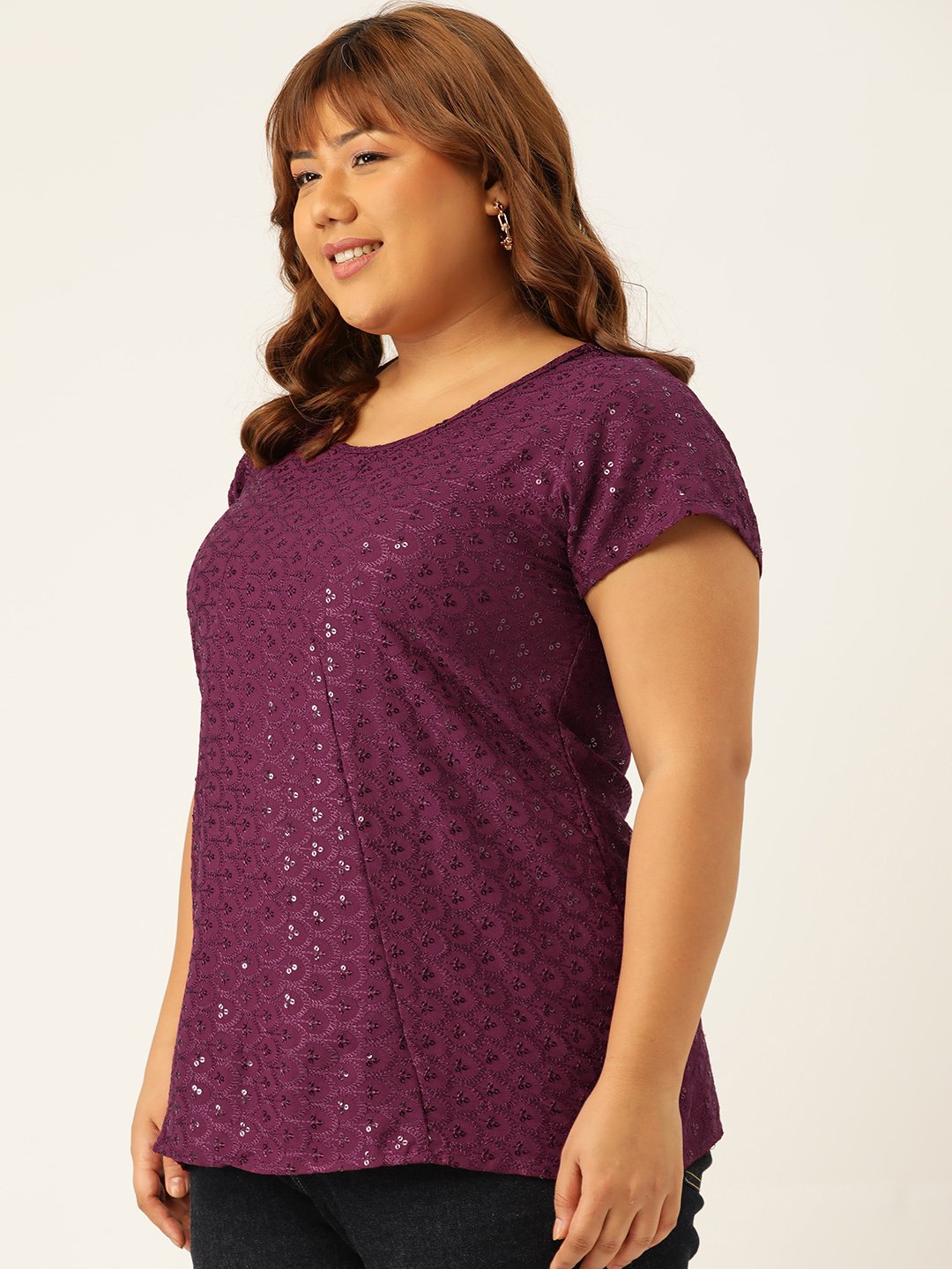 Women's Plus Size Purple Solid Color Embroidered Top