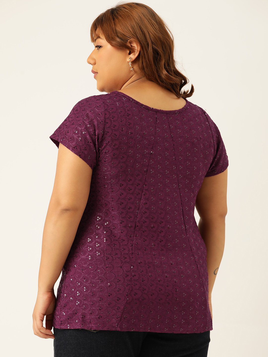 Women's Plus Size Purple Solid Color Embroidered Top