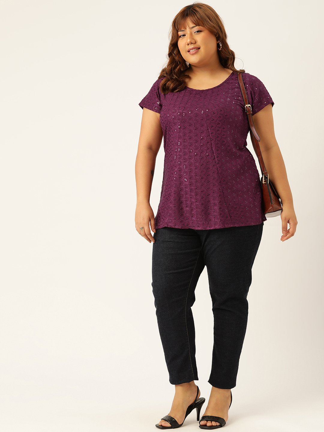 Women's Plus Size Purple Solid Color Embroidered Top