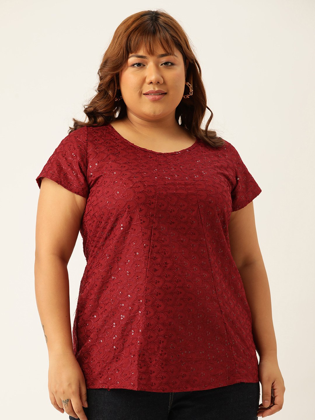 Women's Plus Size Red Solid Color Embroidered Top