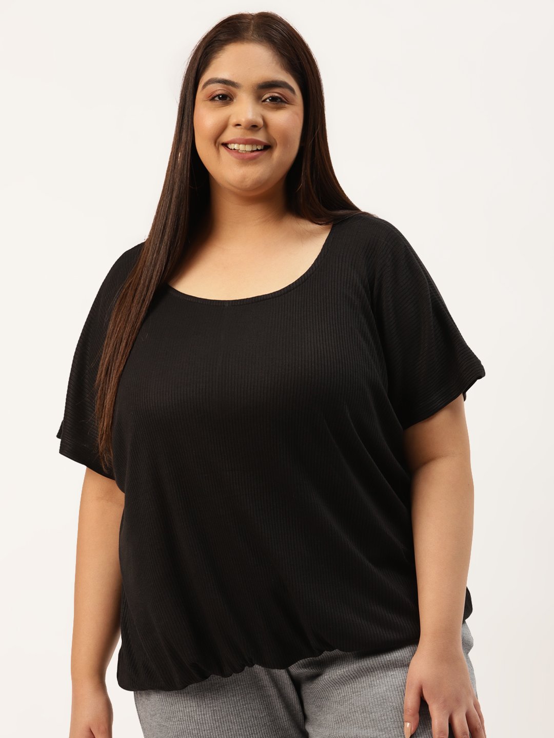 Women's Plus Size Black Solid Color Cotton Knitted Blouson Top
