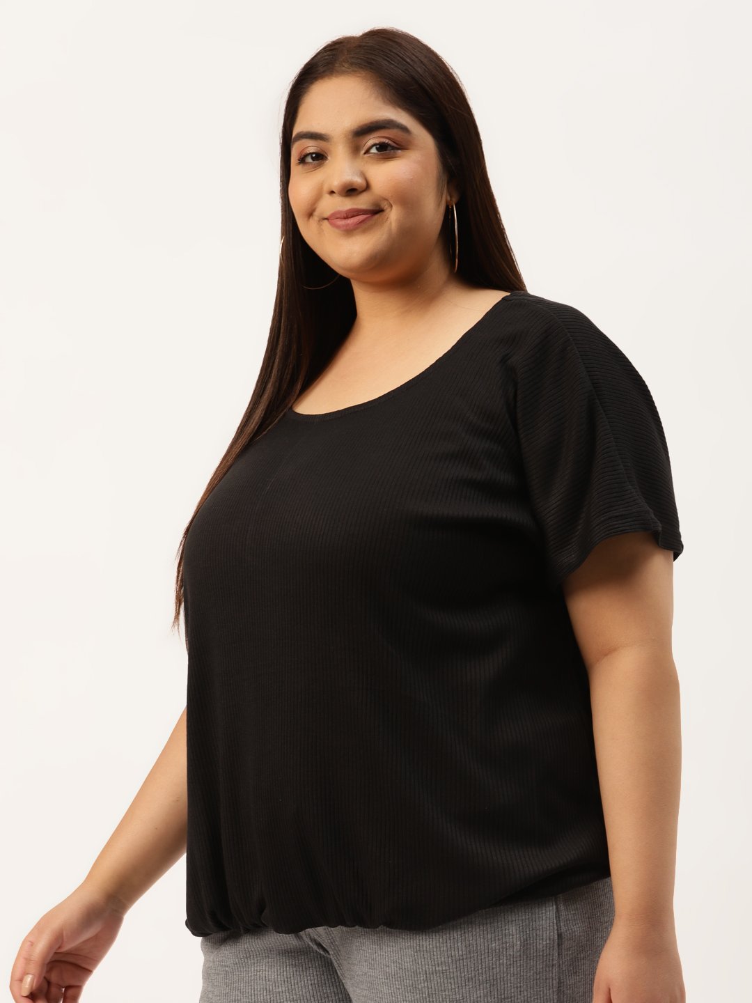 Women's Plus Size Black Solid Color Cotton Knitted Blouson Top