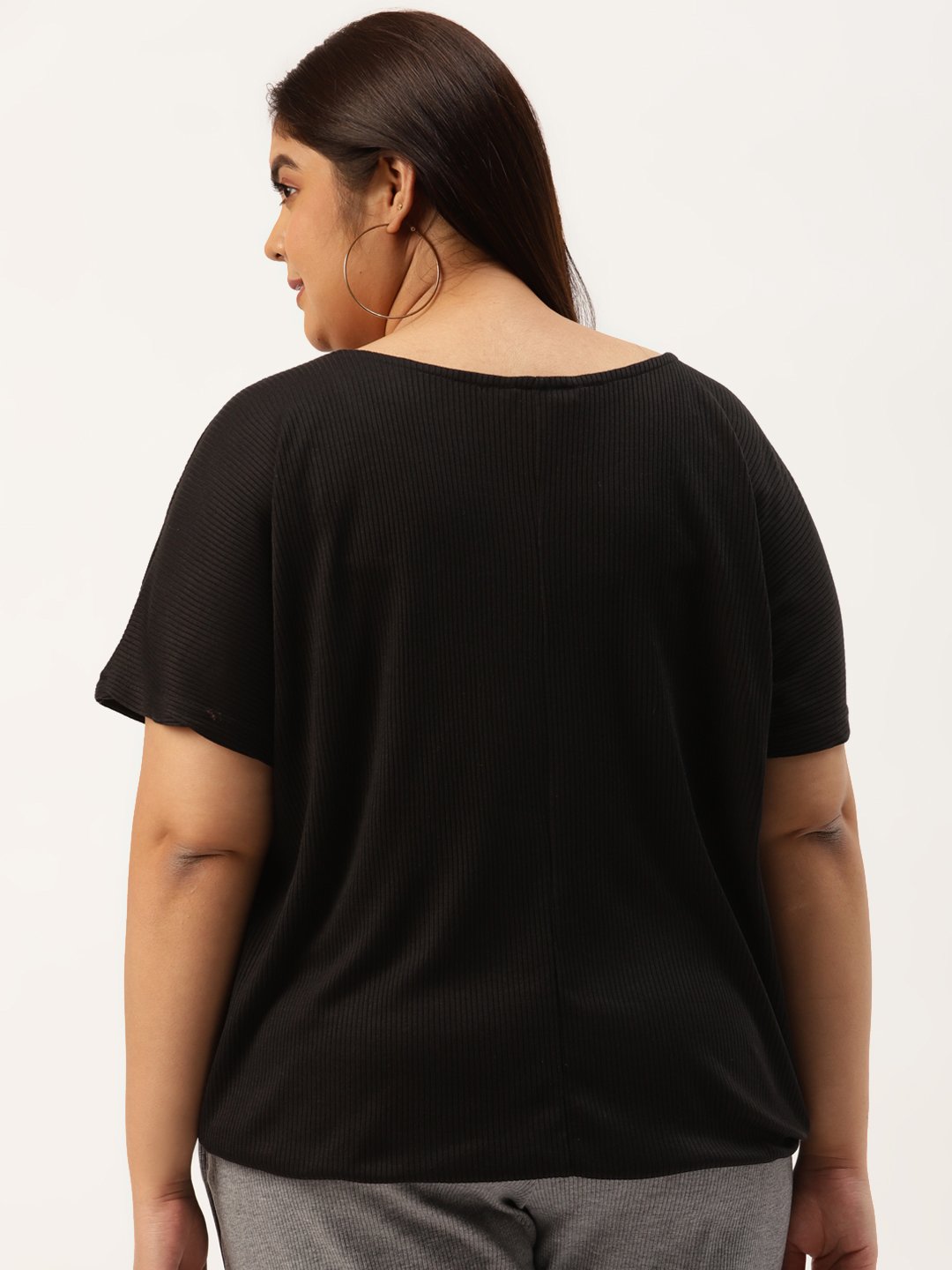 Women's Plus Size Black Solid Color Cotton Knitted Blouson Top