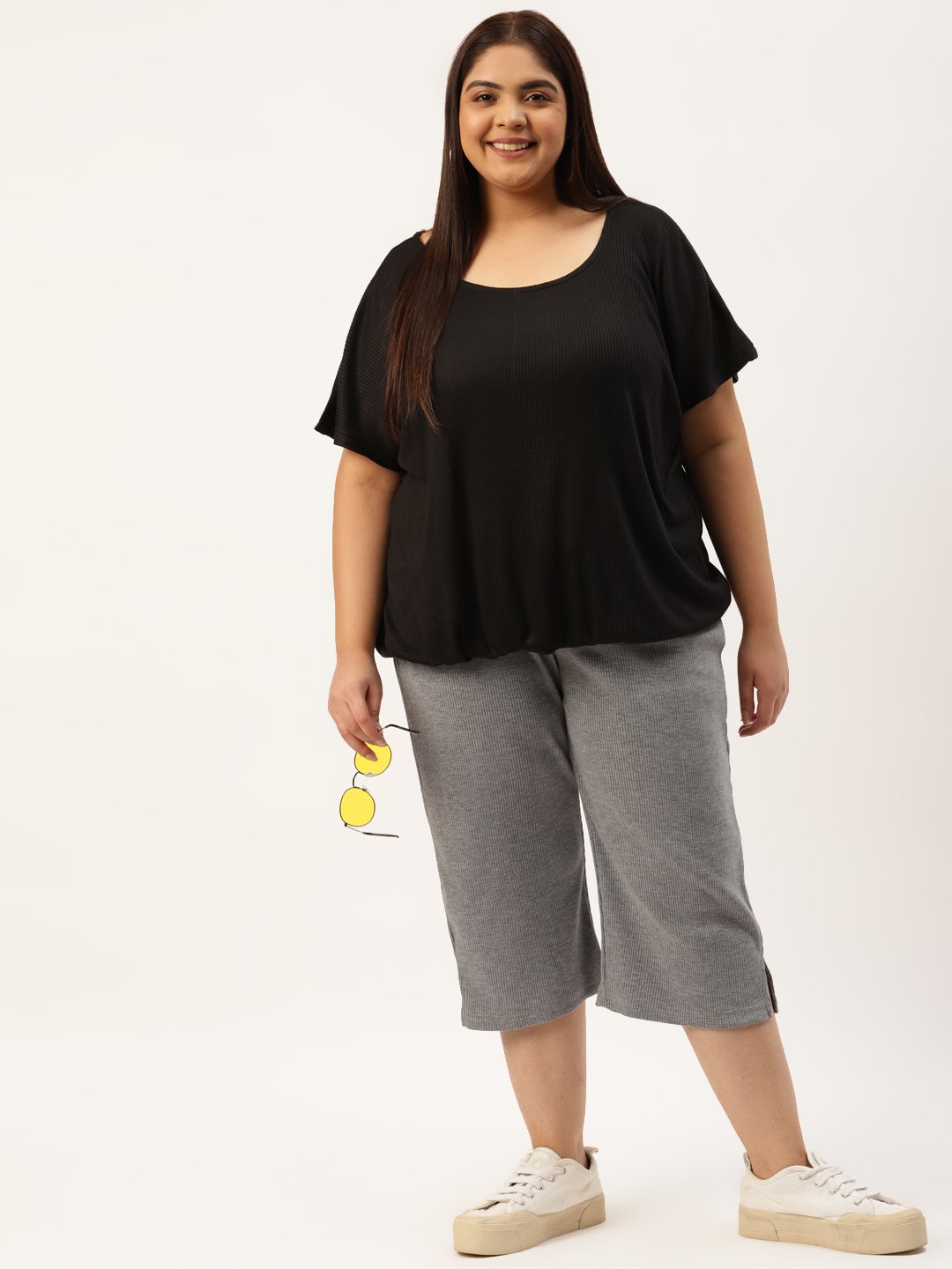 Women's Plus Size Black Solid Color Cotton Knitted Blouson Top