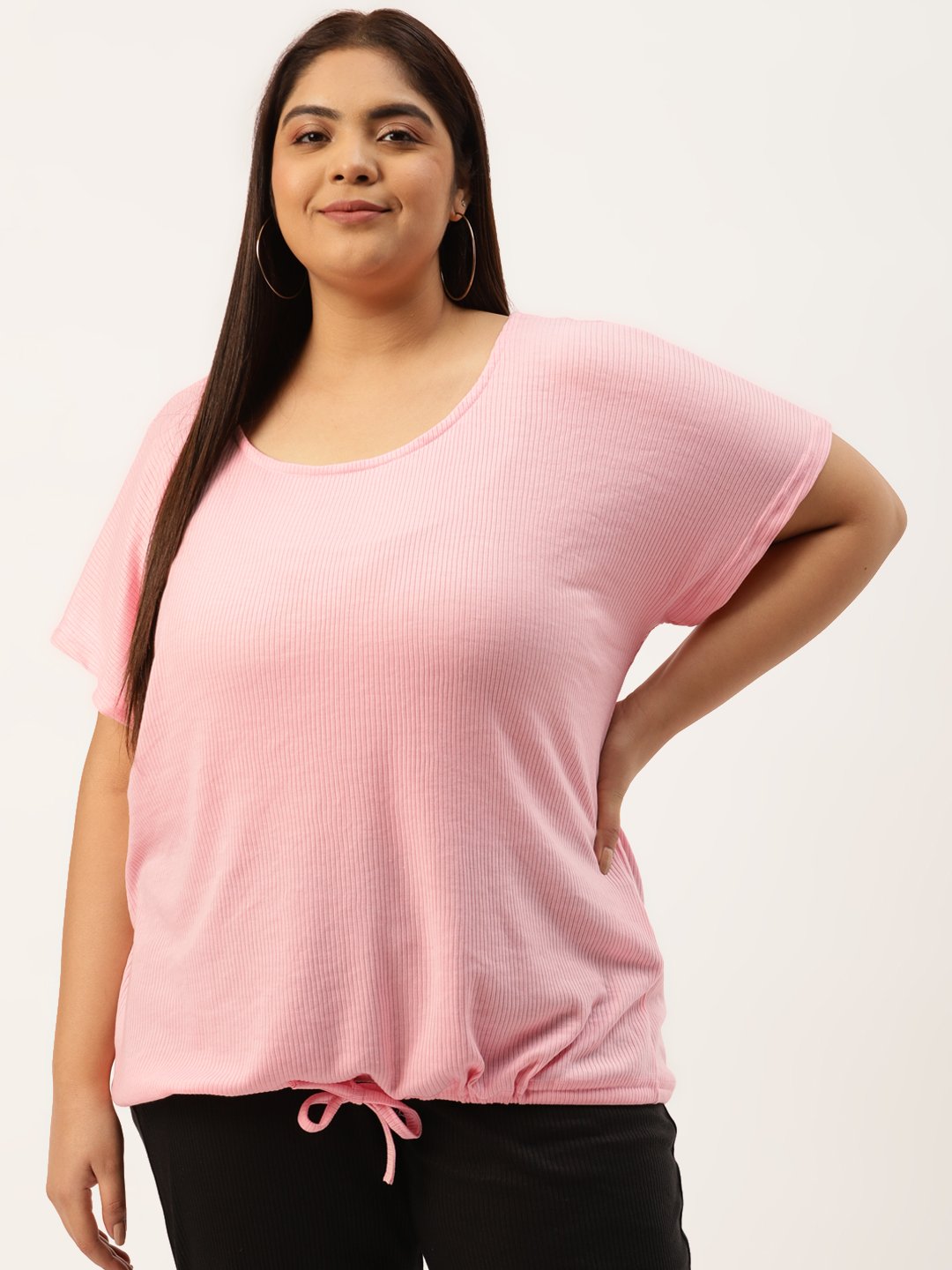Women's Plus Size Pink Solid Color Cotton Knitted Blouson Top