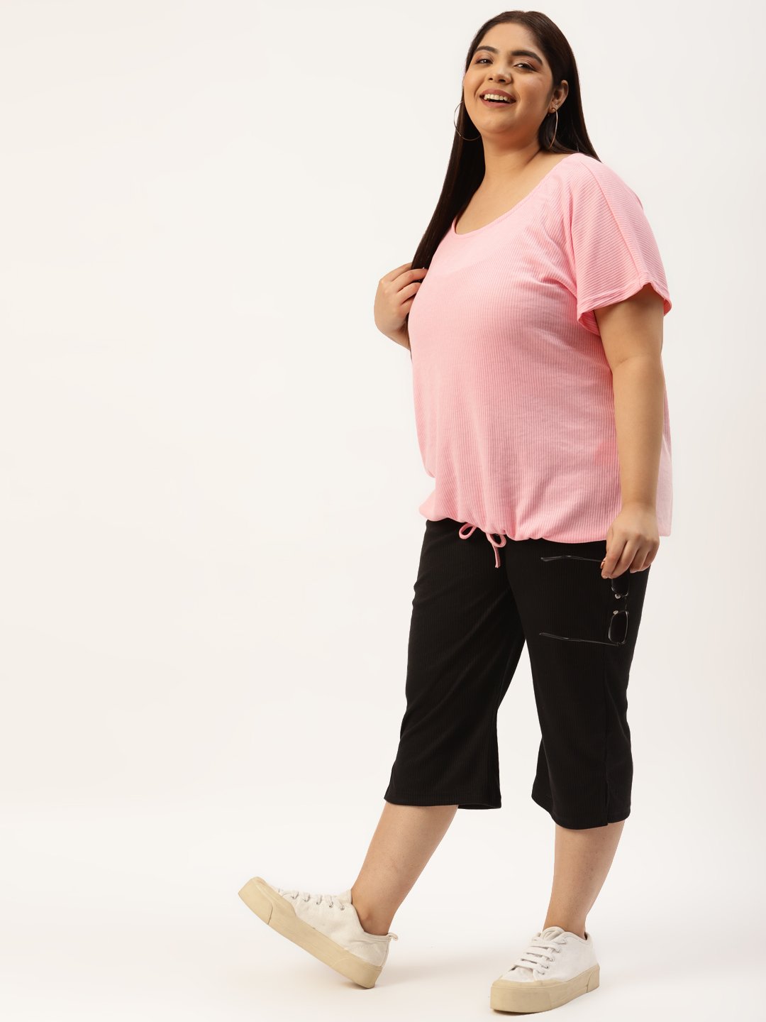 Women's Plus Size Pink Solid Color Cotton Knitted Blouson Top