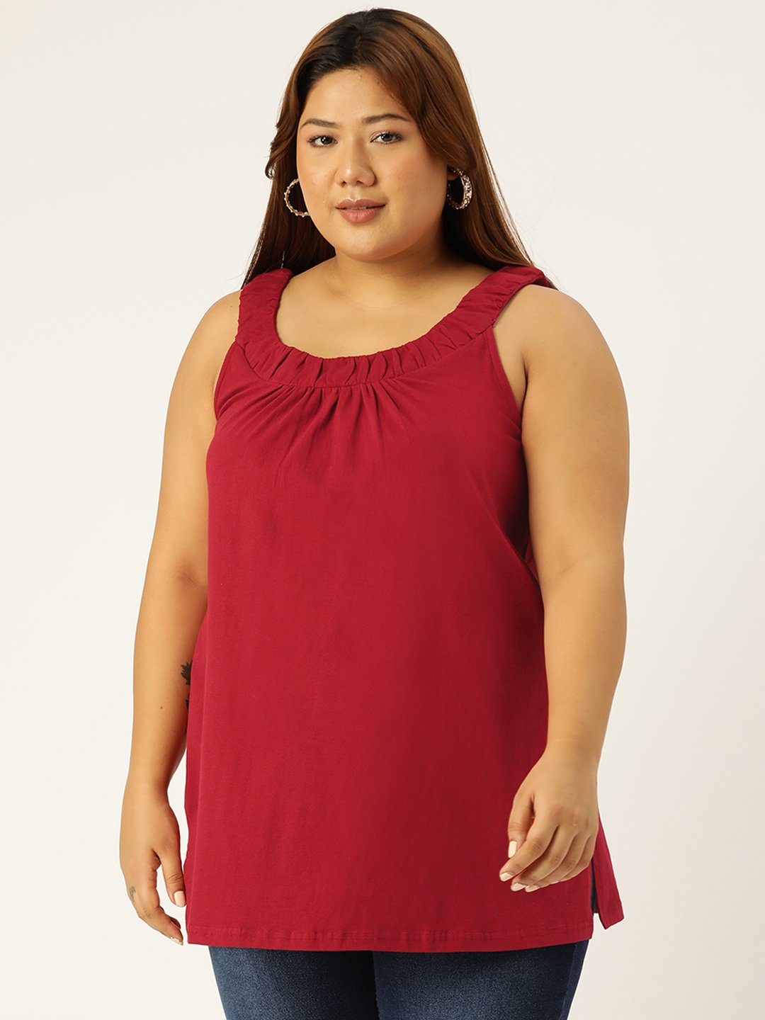 Women's Plus Size Maroon Solid Color Front Pleated Cotton Longline Top