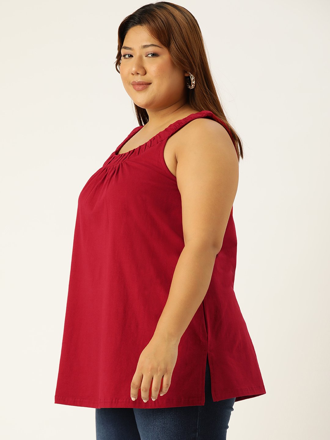 Women's Plus Size Maroon Solid Color Front Pleated Cotton Longline Top